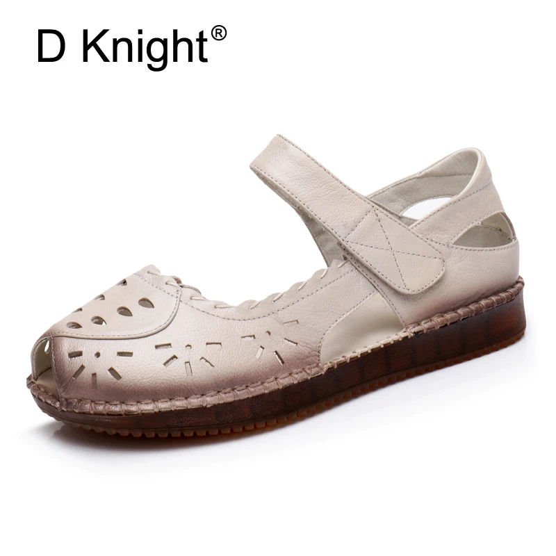 

2018 Woman Sandals Genunie Leather Fashion Peep Toe Flats Summer Casual Hook & Loop Women Shoes Creepers Black Lady Nurse Shoes