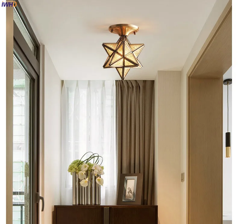 IWHD Американский медный стеклянный потолочный светильник для кухни, прихожей, балкона, крыльца, звезда, винтажный светодиодный потолочный светильник, плафон, светильник, ing