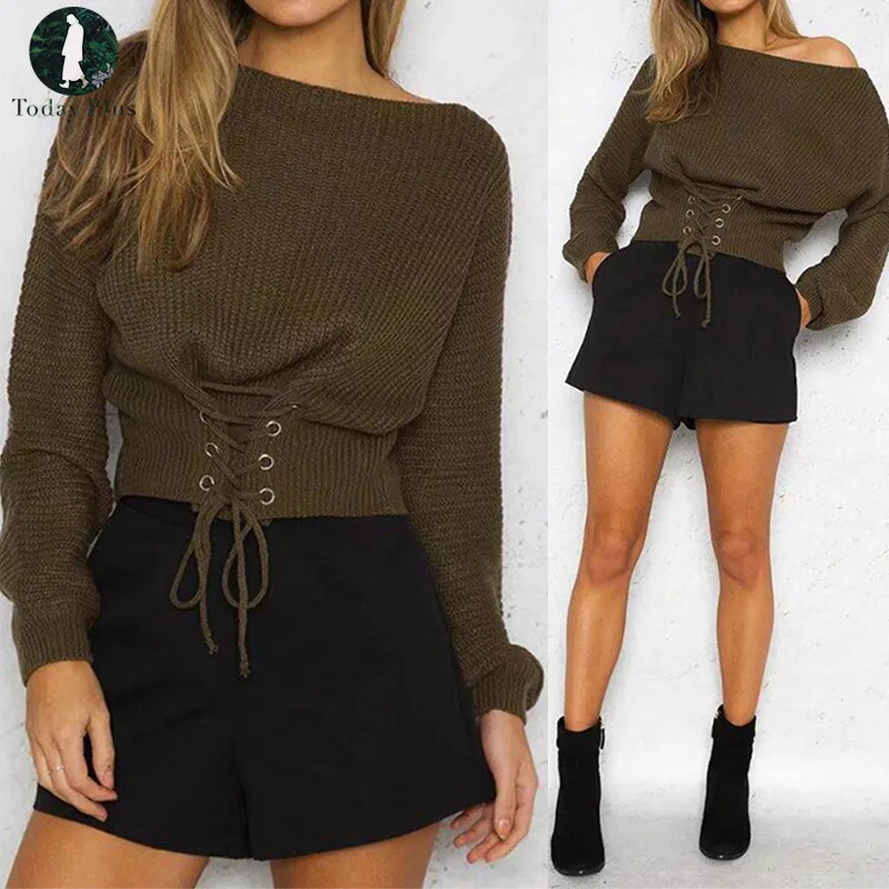 Buy Lace Up Warm Knitted Pullover Sweater Women Black