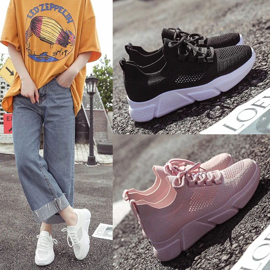 Running shoes women sneakers Flying Woven Mesh breathable white sports shoes Ladies lace up casual lightweight fitness shoes