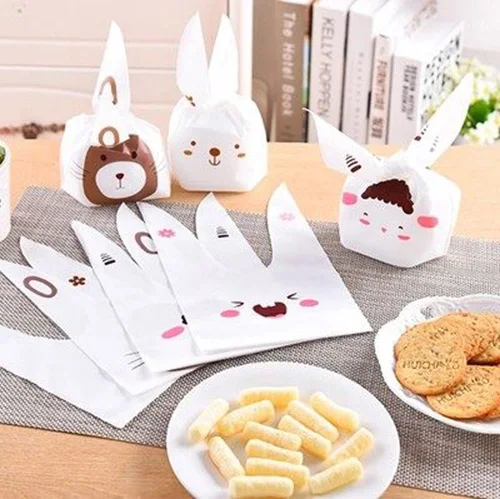 

100pics Bunny Plastic Wedding Favors Gifts Bag Cute Rabbit Ear Candy Cookies Plastic Gift Bag Birthday Decoration New year DIY