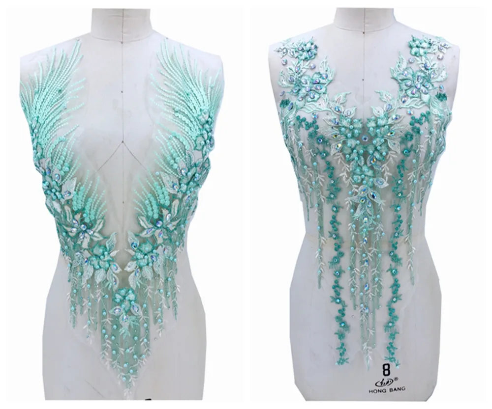 

Pure handmade rhinestones light green lace applique sew on crystal trimming patches 60*33cm/62*30cm for dress accessory