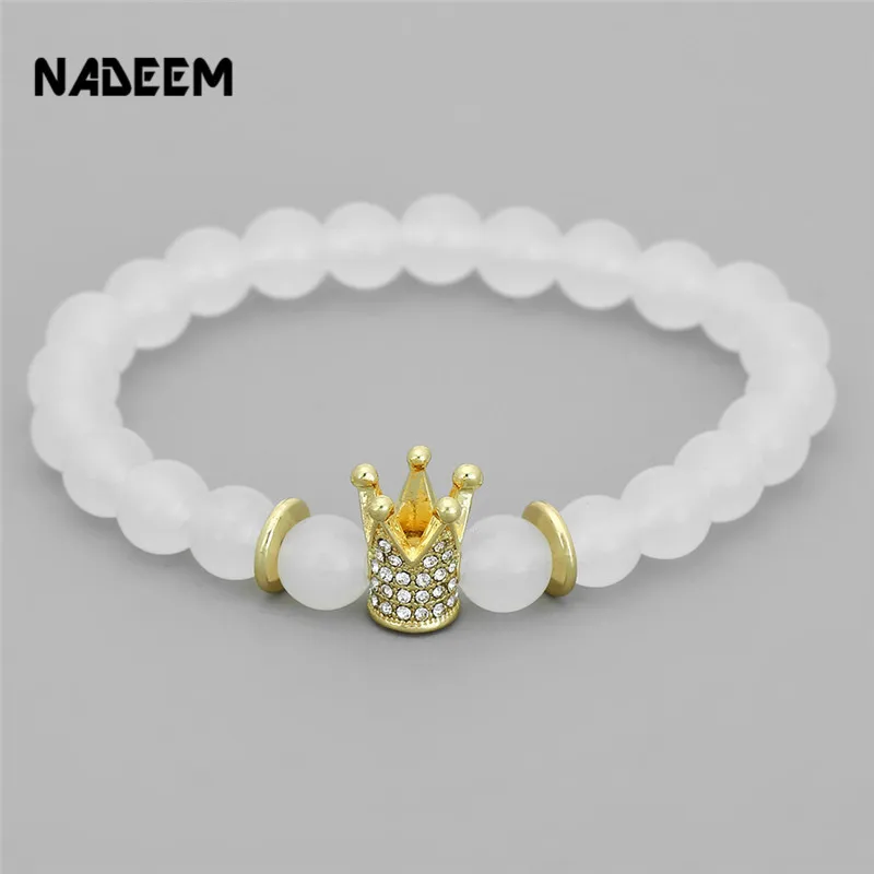 

Wholesale White Turquoise.White Jade Stone Bracelet Men 18K Gold Plated Micro Pave Crystal Crown Charm Elstic Bracelet ND2030