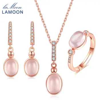 

LAMOON 6x8mm 100% Natural Gemstone Oval Egg Rose Quartz 925 Sterling Silver Jewelry Jewelry Set V021-1