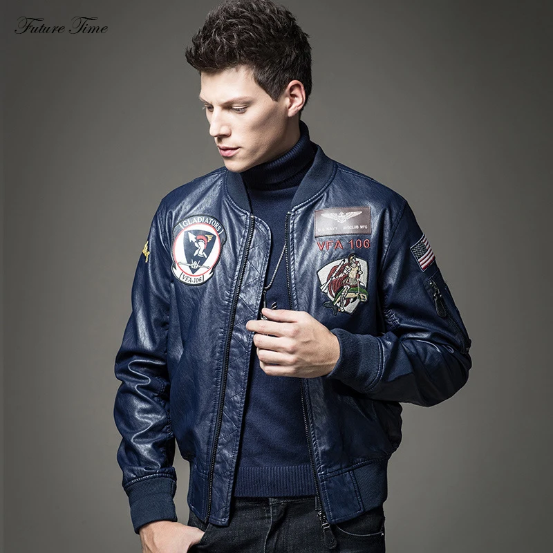 

Men Jackets Faux Pu Leather Fashion Baseball Outwear Jacket and Coats for Winter 2018 Military Embroidery Pilot Jaqueta C1679