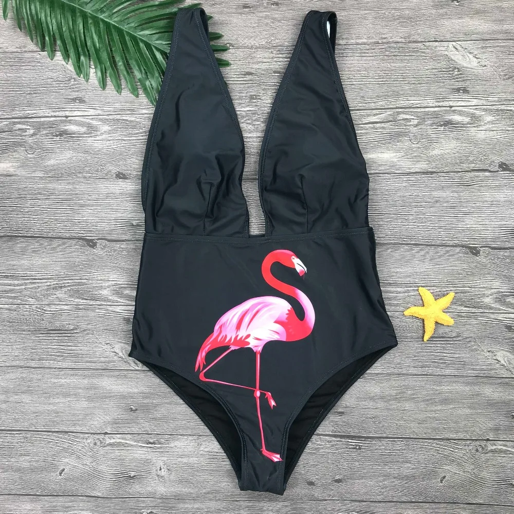 Sexy Multicolor bird print V Neck Push Up Padded High Waist One Piece swimsuit Swimwear Women Bodysuit Bathing SuitMonokini