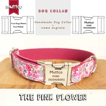 

MUTTCO engraved pet name retailing handmade collar THE PINK FLOWER fashionable Anti-lost dog collars and leashes 5 sizes UDC048