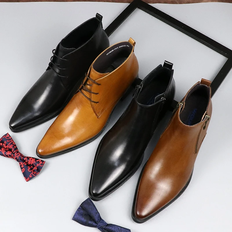 

Fall Winter High top Leather Boots Genuine leather British Style Wedding Party Booties Men