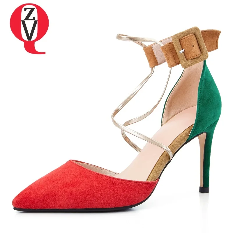 

ZVQ shoes women 2019 spring new fashion sexy mixed colors buckle women pumps super high thin heels pointed toe shallow shoes