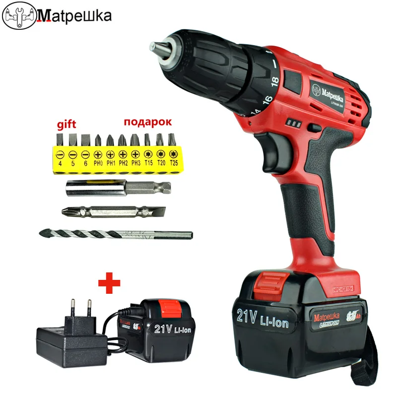 

21V Handheld Drill Double Speed Power Tools Household Lithium Rechargeable Cordless Electric Screwdriver 2 Battery +13 Gift