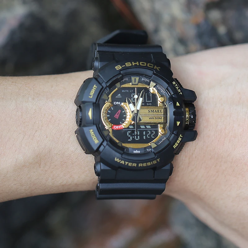 SMAEL, желтые спортивные часы, двойной светодиодный, цифровые часы, кварцевые Analog-Digital1436, мужские наручные часы, военные мужские часы, цифровые часы