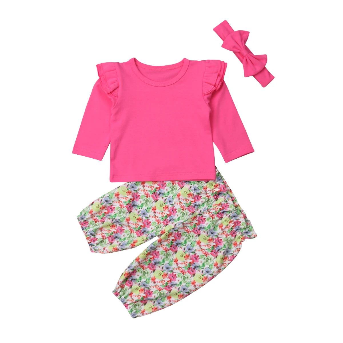 

2019 New Toddlers Kids Baby Girls T shirt Long Sleeve Solid Tops Floral Pants Headband Outfits Set Clothes 2019