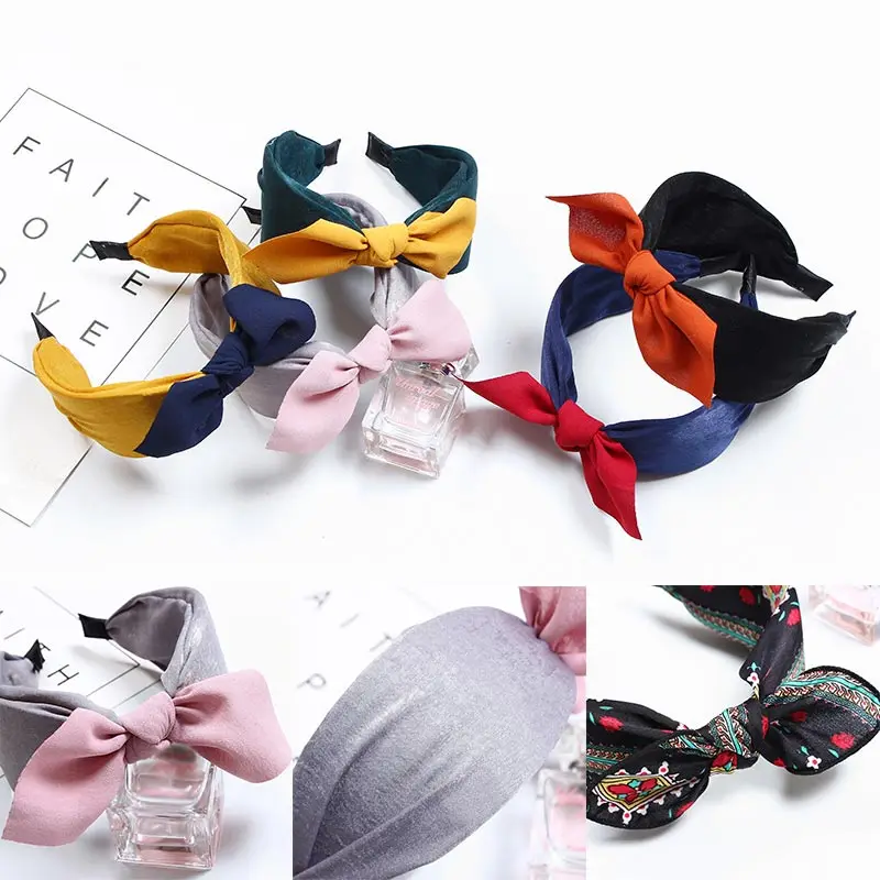 

Fashion Dot Flower Solid Bow Stripe Print Women Headband Soft Ladies Cloth Rabbit Ears Hair Band Wide Hair Accessories