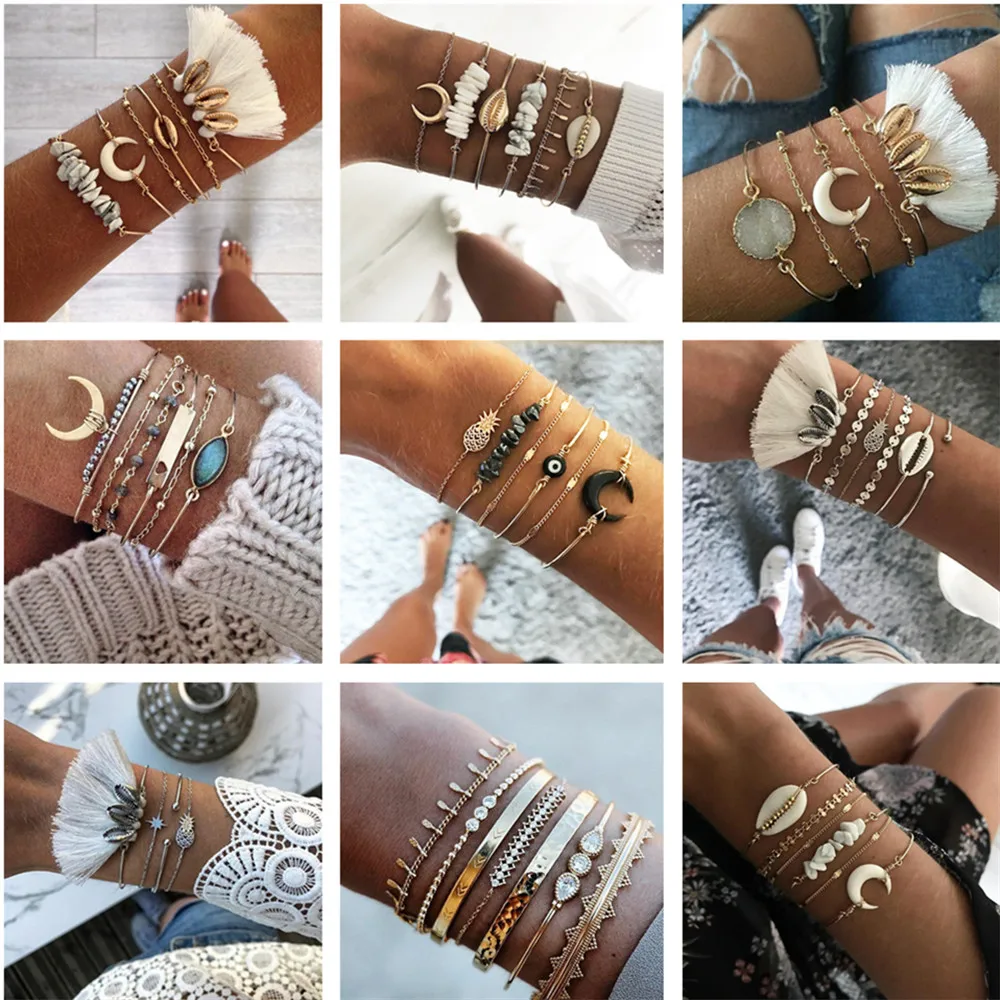

GIVVLLRY Multilayered Bracelets Set Fashion Indian Jewelry Bohemian Ethnic White Tassel Shell Stone Charm Bracelets for Women