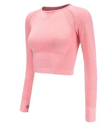 New Seamless Fitness Crop Tops Women Quick Dry Slim Fit Workout Gym Shirts Long Sleeved Jogger Tops with Thumb Holes - Цвет: PINK