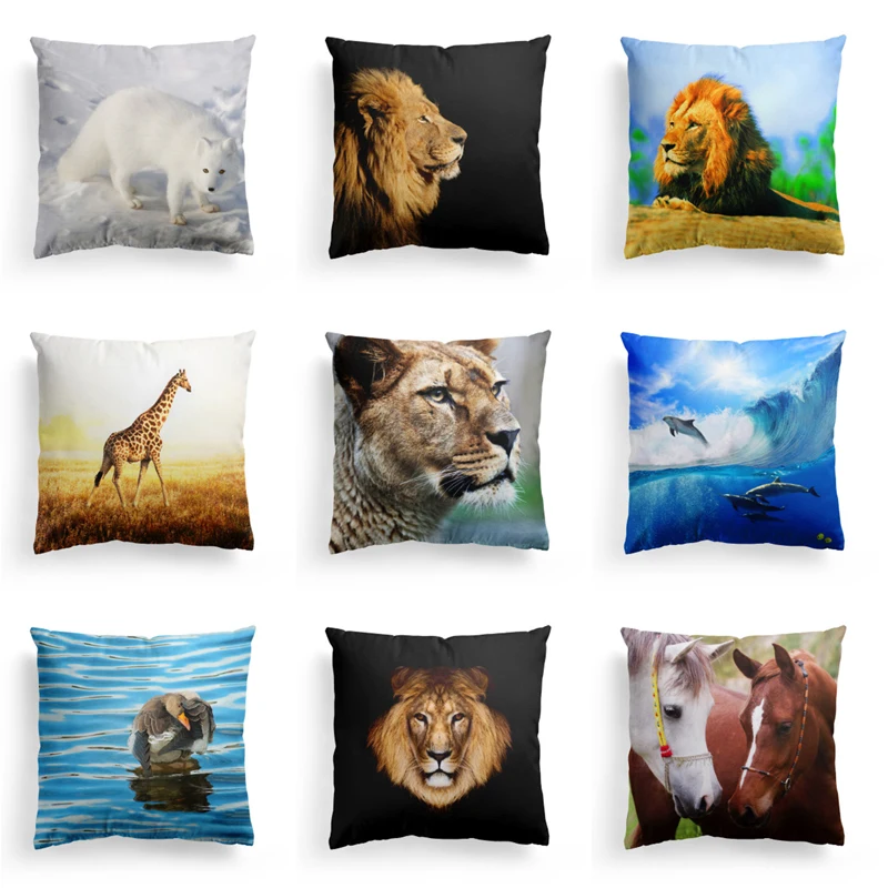 

2019 Wildlife World Series Cushion Cover Polyester Cotton Lion Dolphin Horse Home Decorative Pillow Cover for Sofa Car Cojines