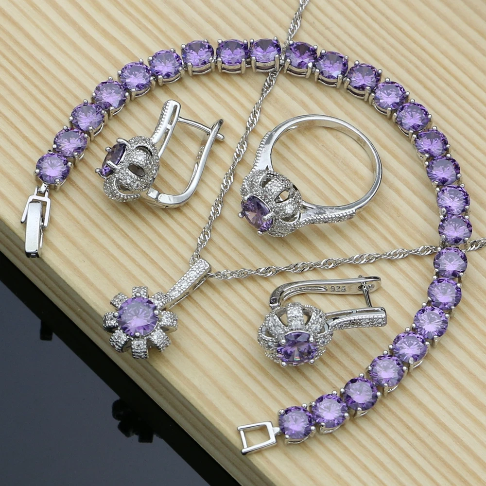 

Purple Cubic Zirconia 925 Sterling Silver Bridal Jewelry Sets For Women Earrings Rings Dropshipping Necklace Set Dubai Jewelry