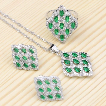 

Jewelry Sets For Women Party Decoration Natural Green Cubic Zirconia Silver 925 Necklace Stud Earring Pendant Ring Set