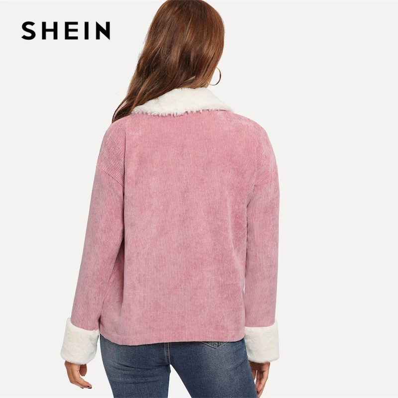 price reduction SHEIN Pink Contrast Faux Fur Detail Drop Shoulder Collar Jacket Autumn Single Breasted Casual Elega