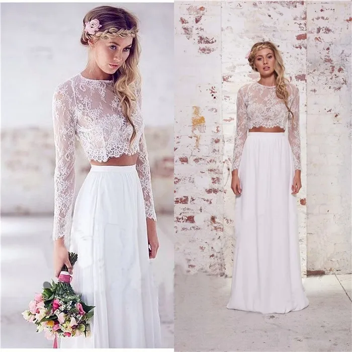 

Lace Long Sleeve Two Piece Bohemian Country long cheap 2018 Vestidos De Novia sexy see through bridal gown bridesmaid dresses