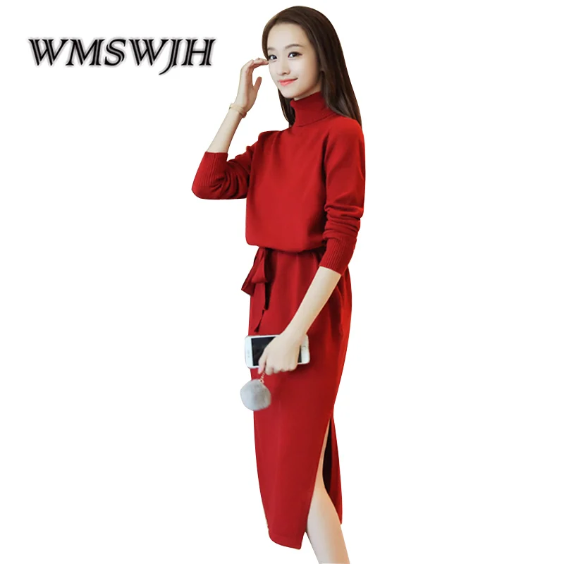 

WMSWJH Women's Long Sweater Dress Turtleneck Warm Knitted Sweater Dress Women Elegant Slim Long Sleeve Bodycon Vestidos Elastic