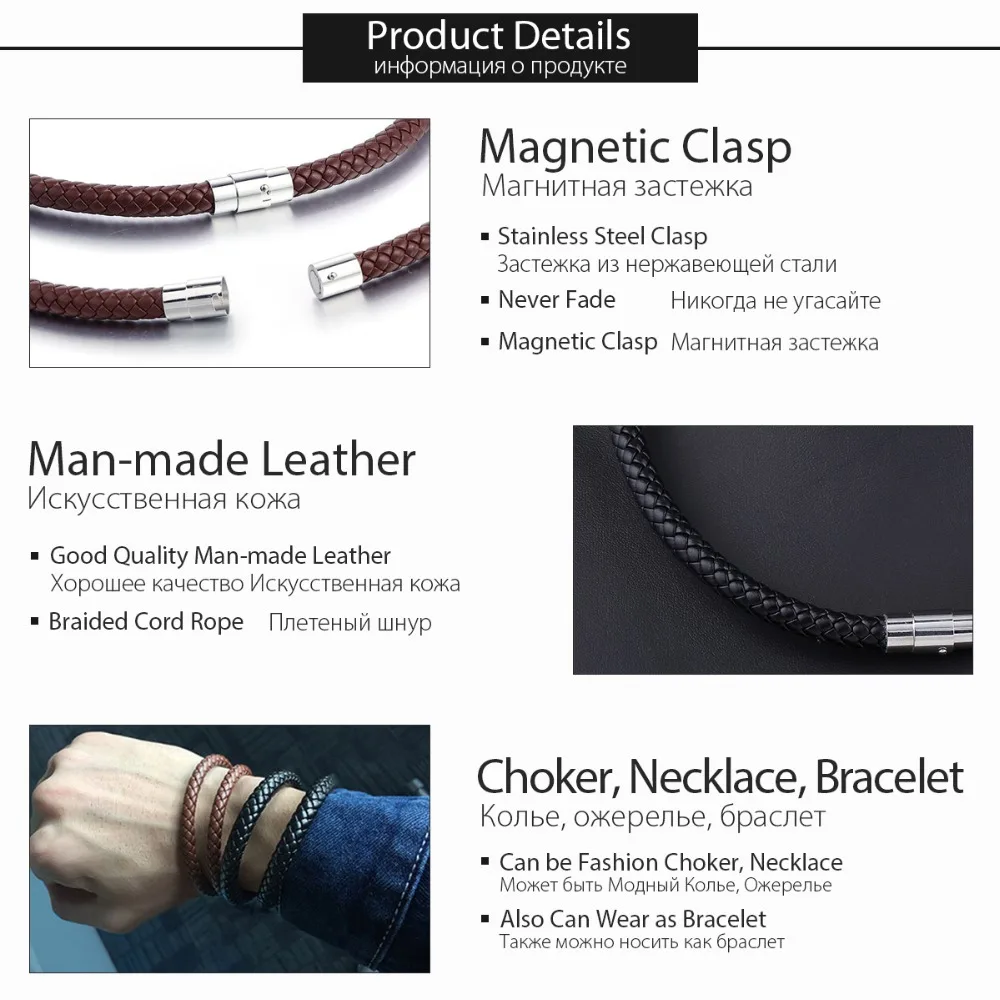 Stainless Steel Buckle Leather Rope Cord Necklace for Men Womens Black Brown 4/6/8mm DLUNM09