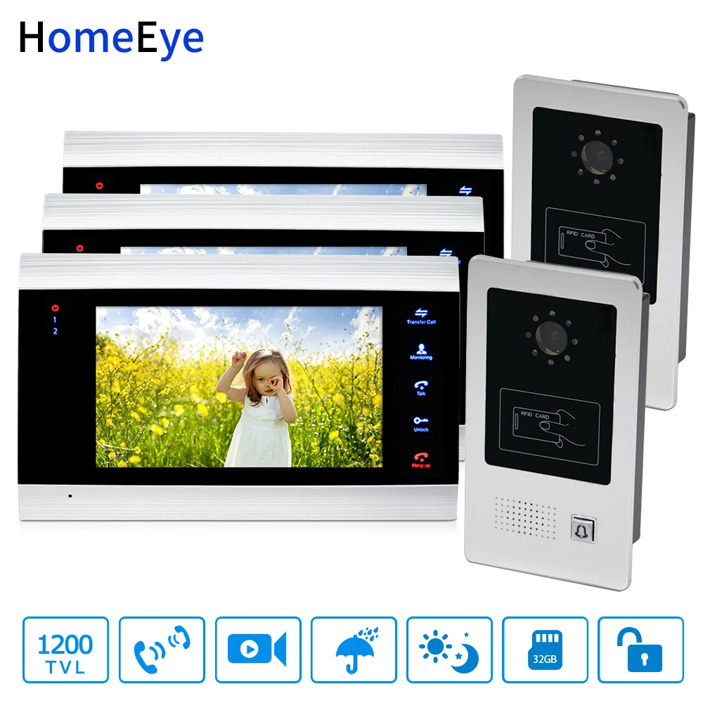HomeEye 7'' Video Door Phone Video Door Bell Home Access Control System 2-3 1200TVL Rainproof RFID Voice Message Night Vision