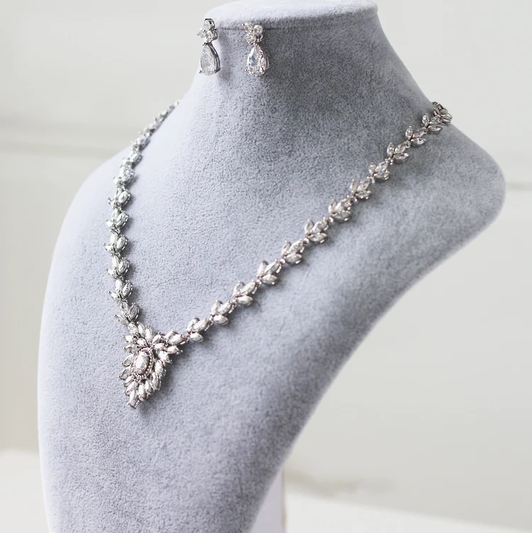 Каплевидный Циркон драгоценный камень кристалл, бриллиант свадебный Ювелирные наборы для невесты женское позолоченное ожерелье серьги женские