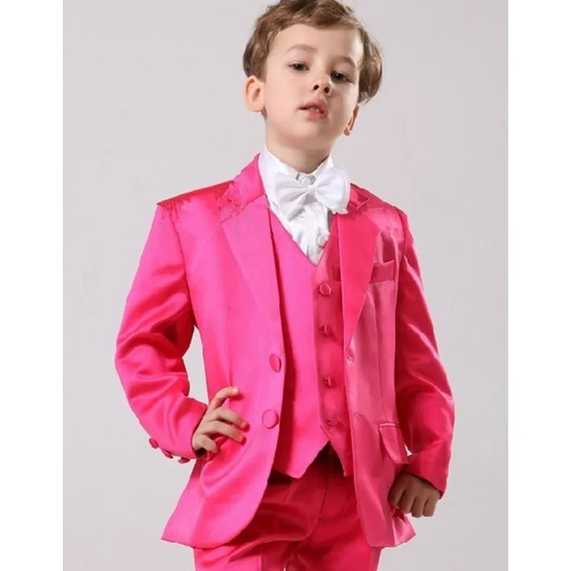 Ярко-розовый Комплект из 3-х предметов Обувь для мальчиков Костюмы для свадьбы, выпускного мальчик Костюмы Свадьбы Одежда для мальчиков Детский блейзер(куртка+ брюки для девочек+ жилет