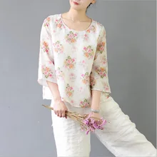 Новая футболка Для женщин хлопок льняной топ с коротким рукавом три четверти Кратко о-образным вырезом летние Для женщин футболка сладкий цветочный принт