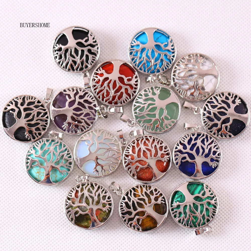 

Silver Color Tree of life Round Natural Stone Bead Crystal Lapis Opal Onyx Howlite Sandstone Tiger's Eye Necklace Pendant 1Pcs