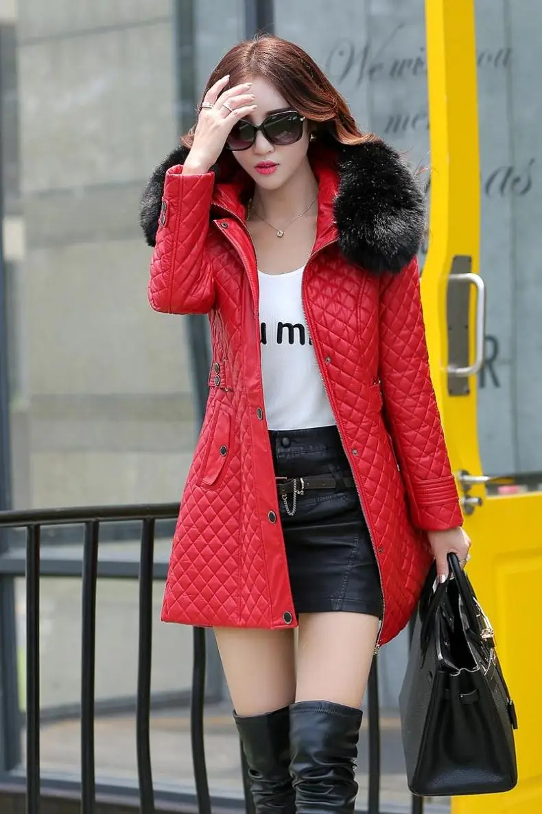 autumn and winter PU water washed leather clothing female medium-long plus size female slim trench outerwear plus cotton