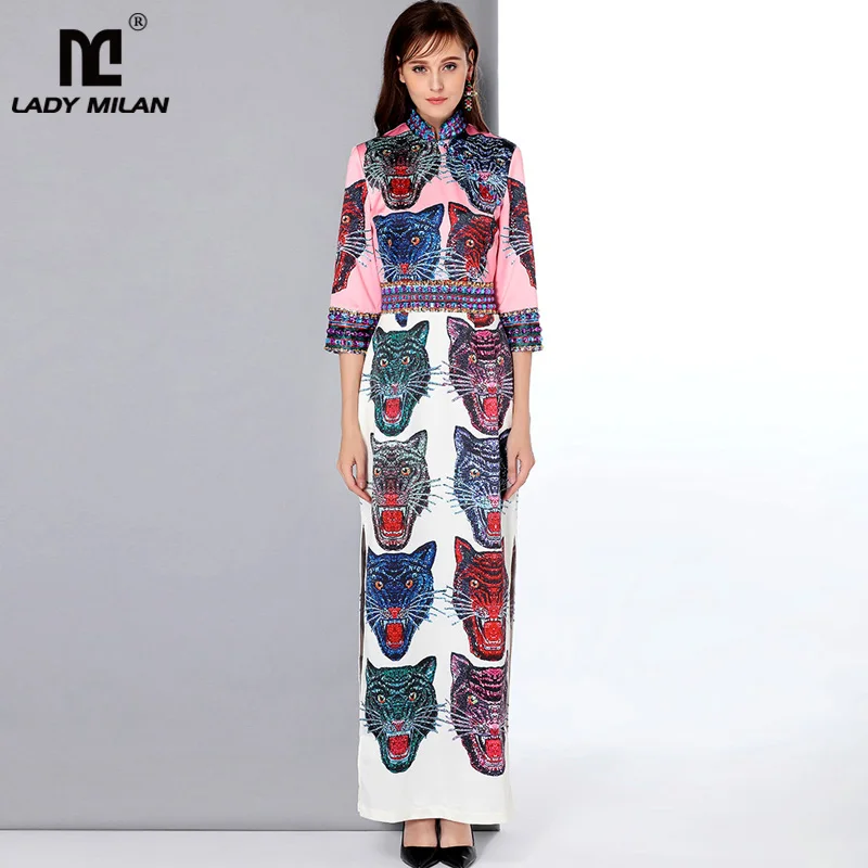 

New Arrival Women's Stand Collar 3/4 Sleeves Beaded Cartoons Printed Side Split Designer Elegant Long Runway Dresses