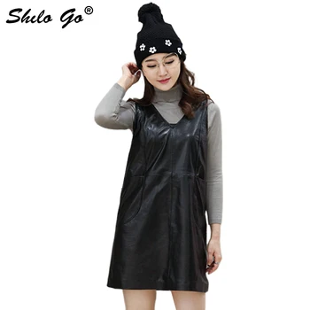 

Fashion Street Women's Black Casual Loose V-Neck Sleeveless Sheepskin Genuine Leather Dress Ladies Concise Dress
