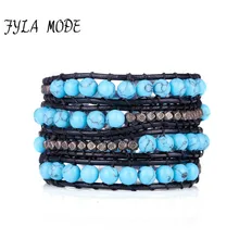 Fyla Mode Newest 6mm Blue Turquoise Bead Black Leather Wrap Bracelet Natural Stone Bracelet Leather Jewelry Bracelet For Lovers Fyla Mode Newest 6mm Blue Turquoise Bead Black Leather Wrap Bracelet Natural Stone Bracelet Leather Jewelry Bracelet For Lovers