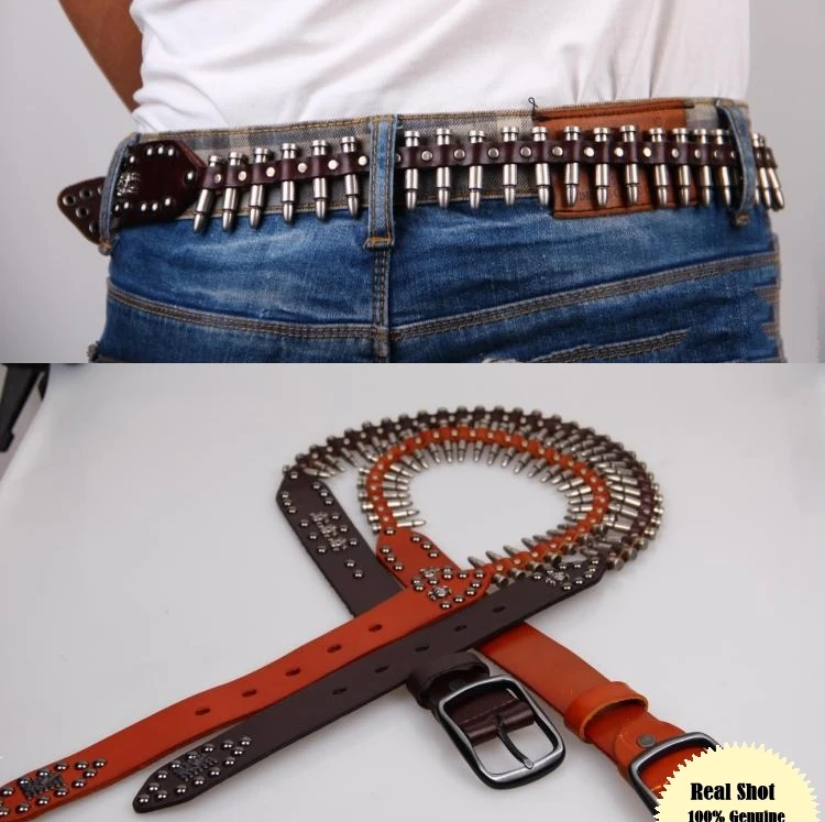 Genuine Leather Belt Men Rivet Bullet Belts For Men Punk Rock Belt Army