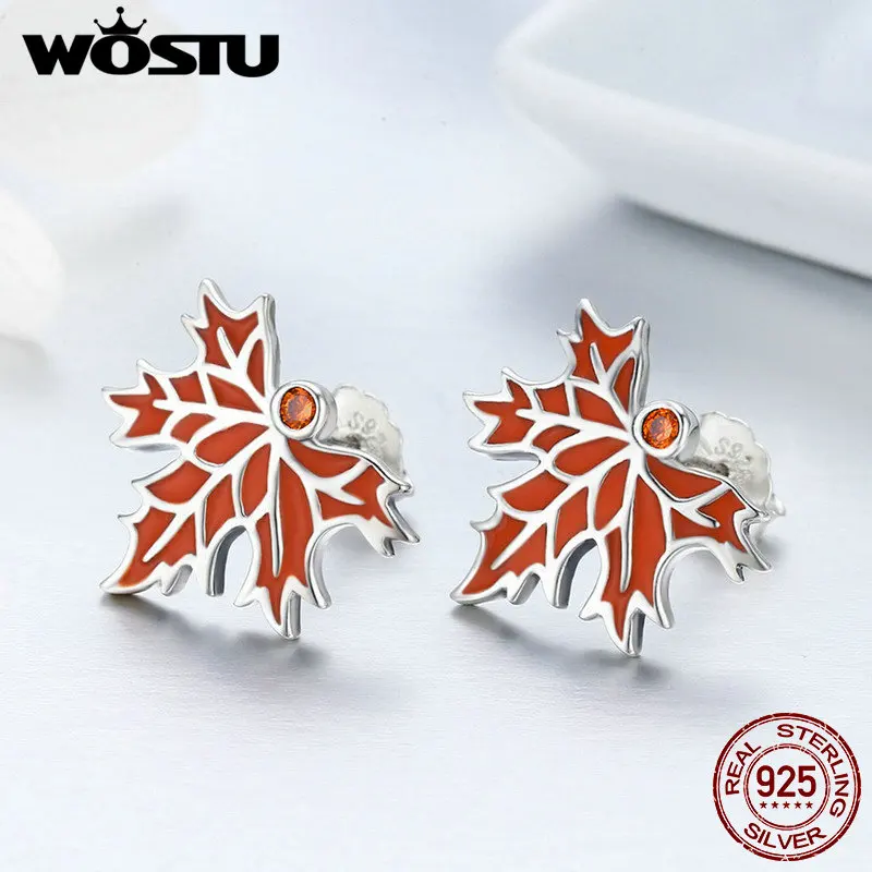 WOSTU дизайн подлинные 925 пробы серебряные красные румяна кленовые листья серьги гвоздики для женщин эмаль Brincos хорошее ювелирное изделие BKE264
