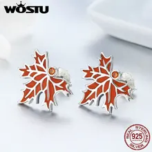 WOSTU дизайн подлинные 925 пробы серебряные красные румяна кленовые листья серьги гвоздики для женщин эмаль Brincos хорошее ювелирное изделие BKE264