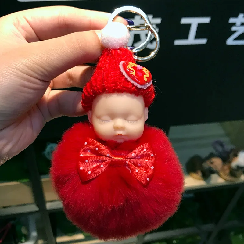 

Sleeping Baby Pompom Car Key Ring Pendant Fur Ball Doll Keychain Rabbit Fur Plush Fur Key Chian POM POM Keychain