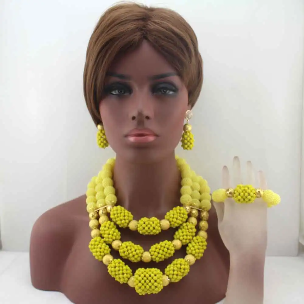 African Yellow Beads Jewelry Set 3 Layers Pendant Statement Necklace