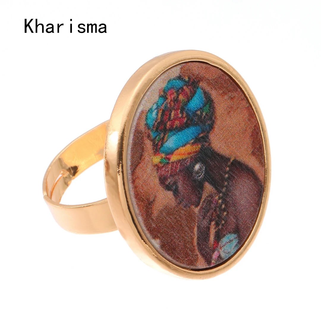 

KHARISMA Fashion Ethnic Rings African Boho Ladies Ring Metal Setting Round Wooden Printed Rings For Women Girl Party Gift 2019