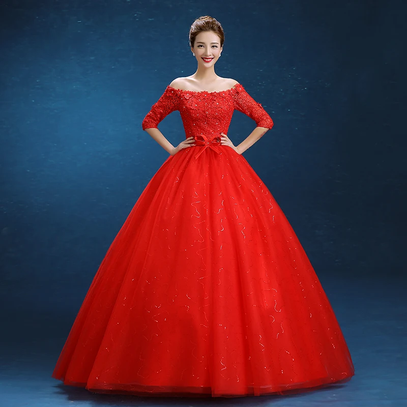 

2015 New Arrival Elegant Red Wedding Dresses with Half Sleeves Boat Neck Ball Gown Romantic Princess Formal Dress Bridal Gown