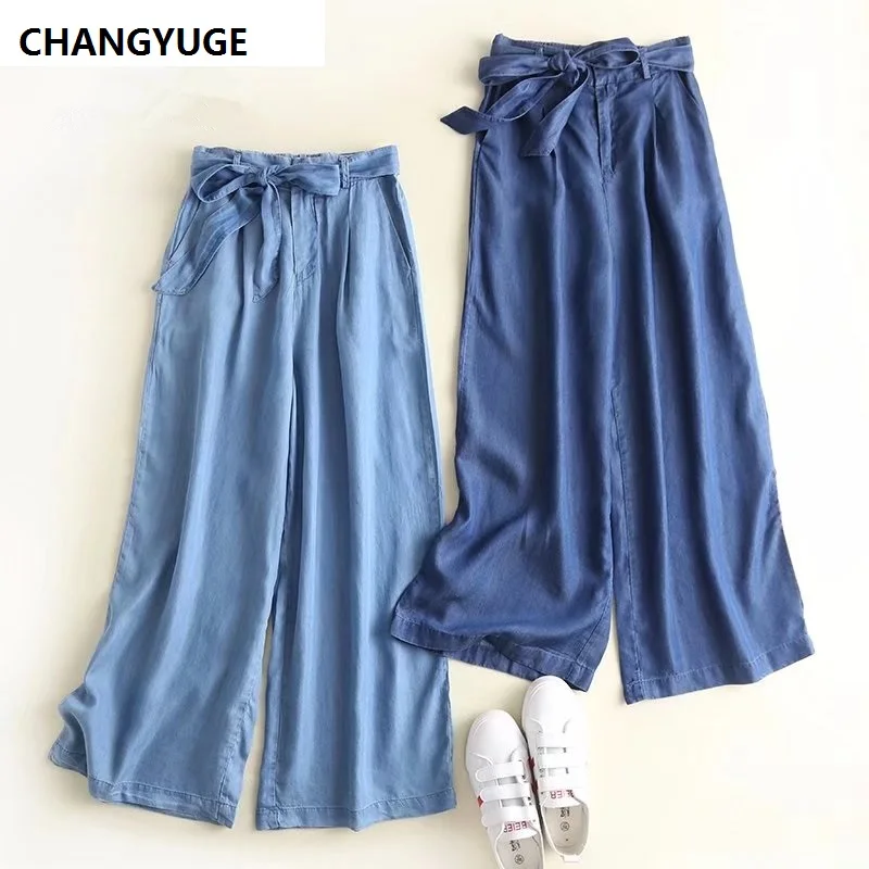 Женские джинсовые джинсы Wijde Pijpen Broek Met Riem Boog Blauw Licht Jeans Losse Palazzo Elastische Taille Casual Lente Zo |