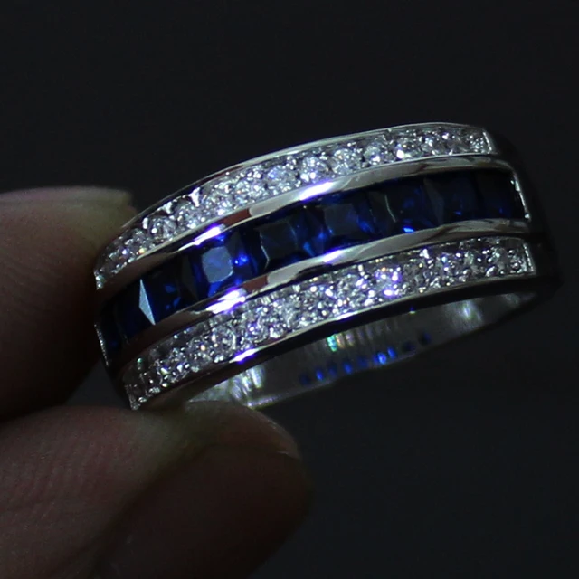 Men's Blue Sapphire 10KT White Gold Filled Wedding Band Ringin Rings