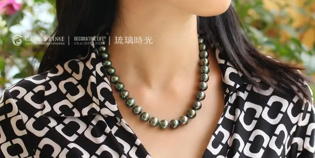 

GORGEOUS11-12mm tahitian peacock green pearl necklace 18"silver clasp