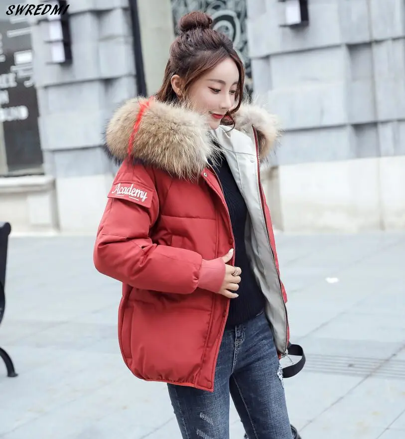 SWREDMI женская зимняя куртка новая Толстая теплая парка женская большая куртка с меховым воротником и хлопковой подкладкой пальто Верхняя одежда с капюшоном - Color: Red