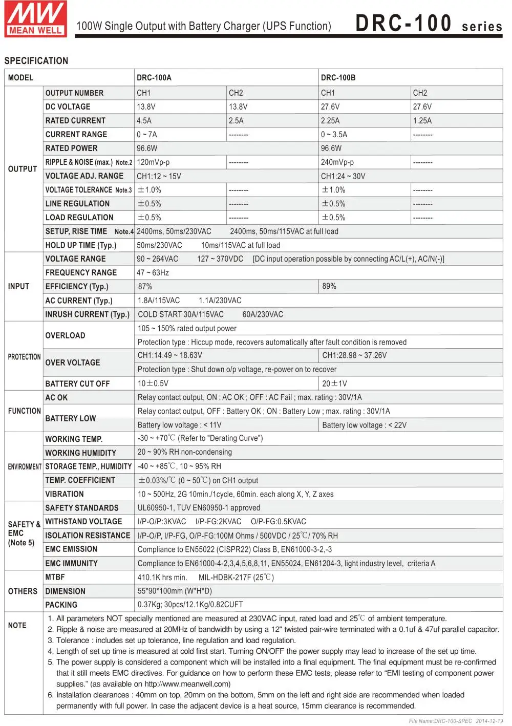 Специальные предложения MEAN WELL DRC-100B 27,6 V meanwell DRC-100 96,6 W одиночный выход с зарядным устройством(функция UPS