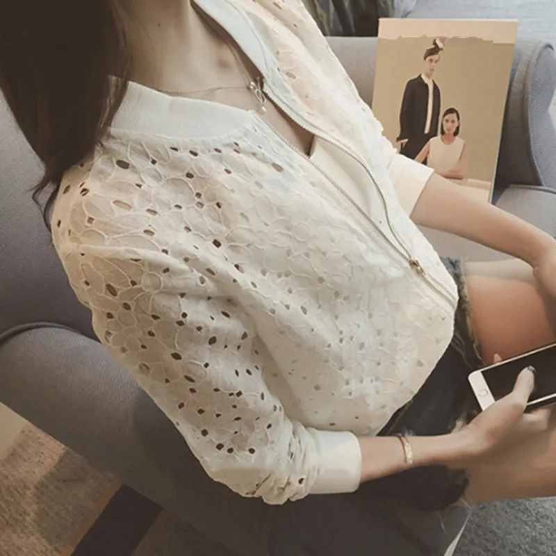 

2018 Women Summer Thin Jacket Lace Long Sleeve Sunscreen Clothing Fashion Hollow Out Breathable Bomber Jacket Female Black White