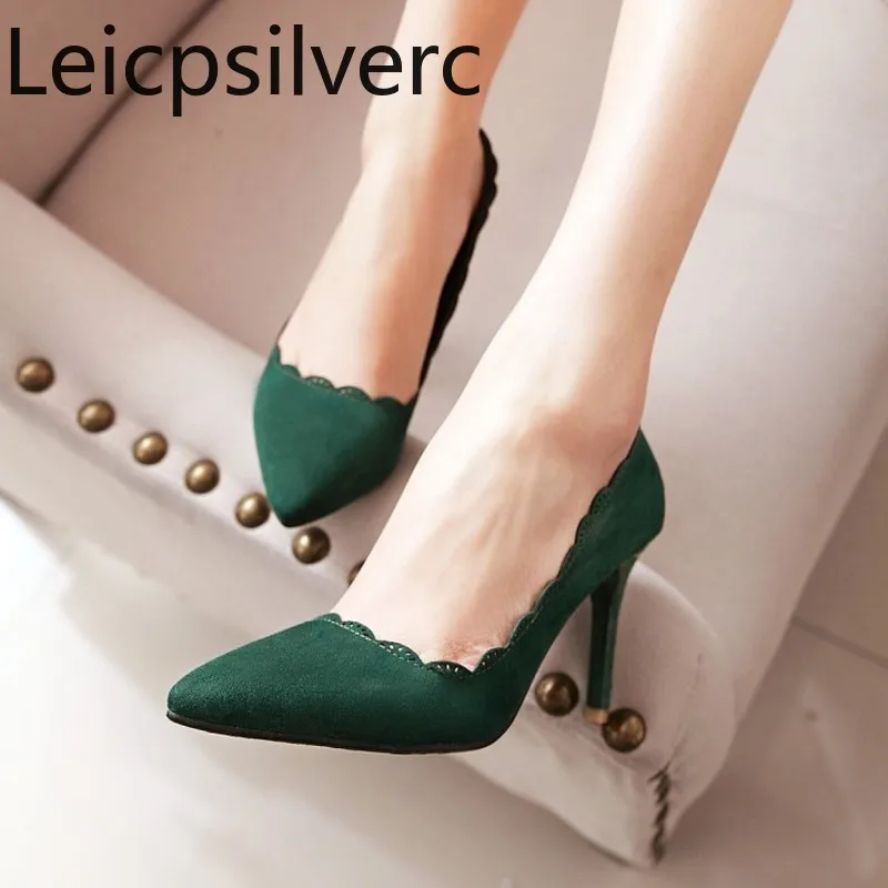 

Pumps green Women's shoes Spring and summer new style Pointed flock Fine heel High heels lace Single shoes plus size 33-47