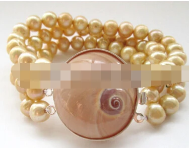 

free shipping 13402 8" 3row 8-9mm champagne round freshwater pearl bracelet - shell clasp